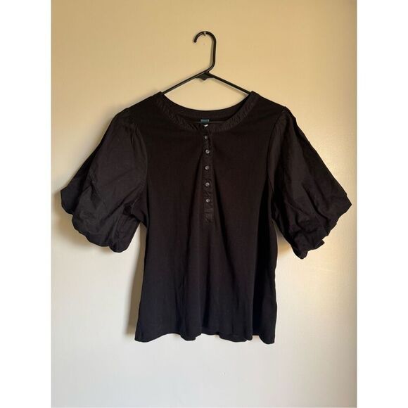 Old Navy Womens Black Cotton‎ Puff Sleeve Stretchy Fitted Button Top sz XXL Boho - Picture 2 of 5